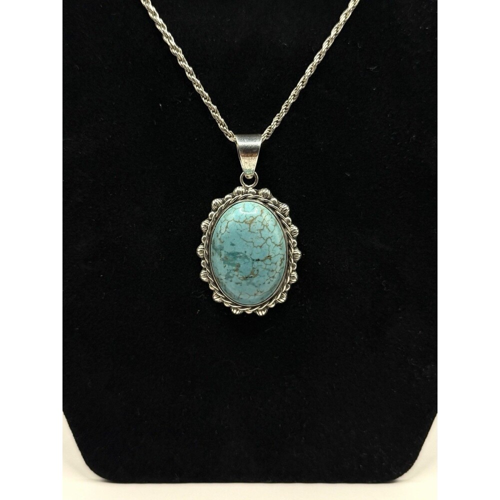 925 Sterling Silver Blue Turquoise Pendant Necklace 26” Rope Chain